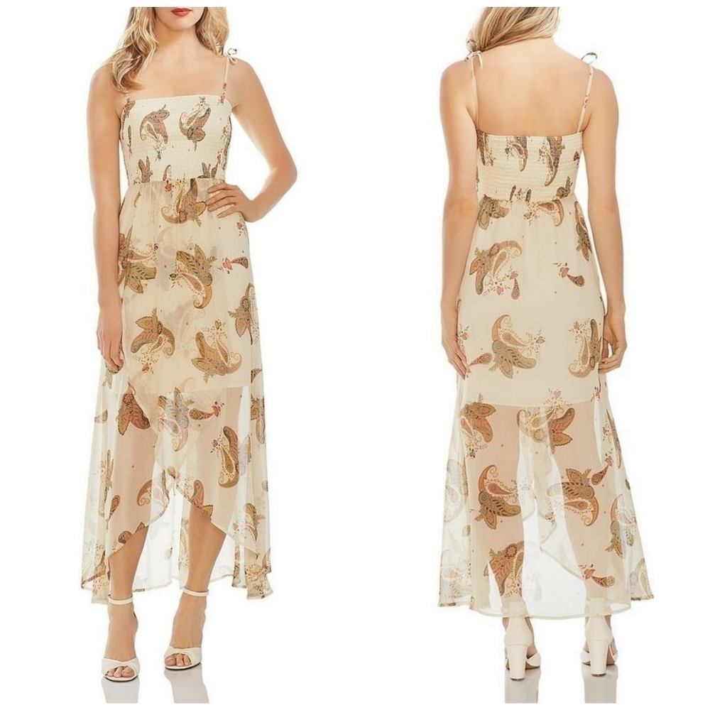 Vince Camuto Smocked Chiffon Faux Wrap Semi-Sheer Adjustable Tie Dress